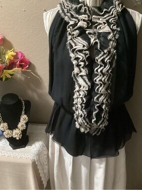 ROBERT RODRIGUEZ Sleeveless Black Ruffle-Front Blouse.